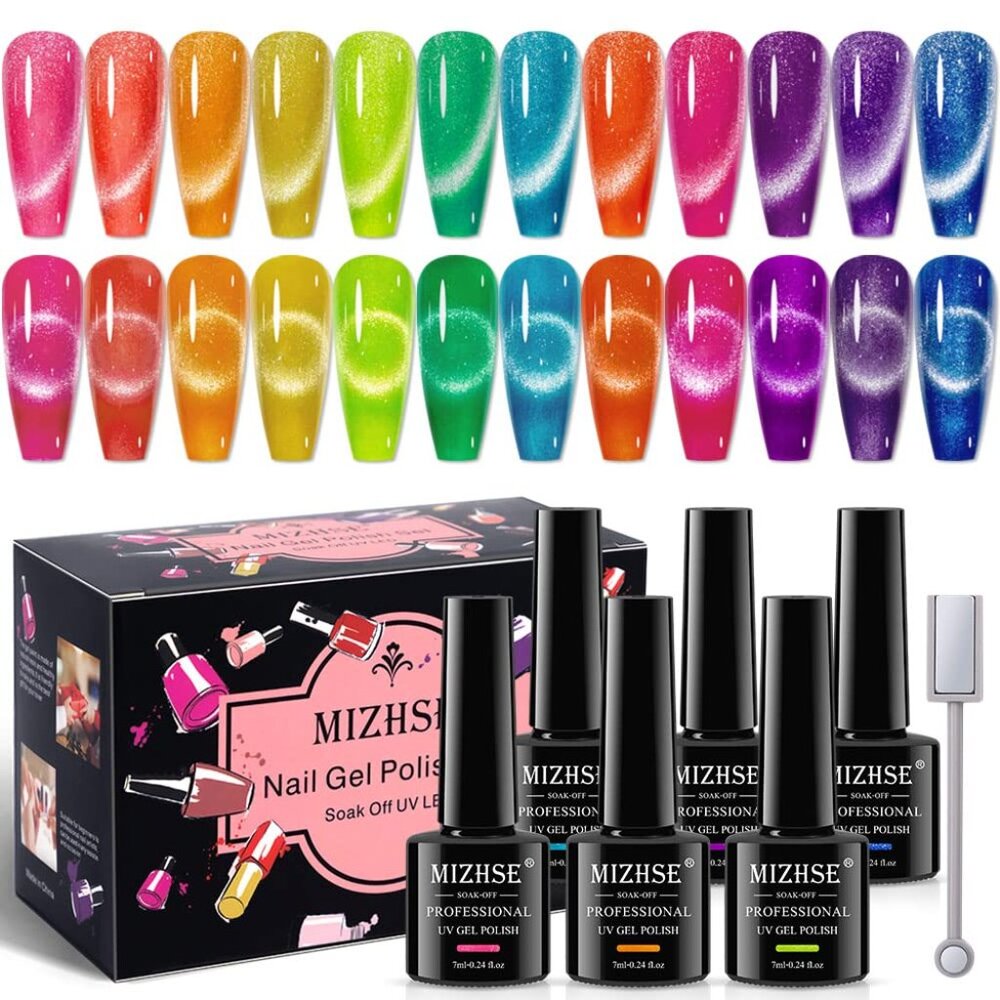 Neon Cat Eye Gel Polish Kit With 3d Metal Stick - 12-Color Glitter Magnetic Gel